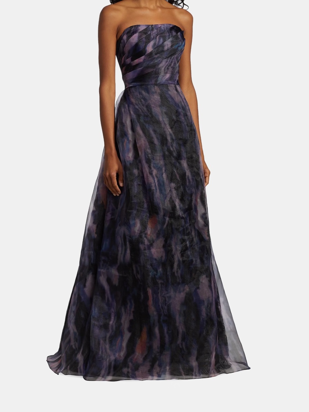 Rene Ruiz Strapless Watercolor Evening Gown in Black and Purple